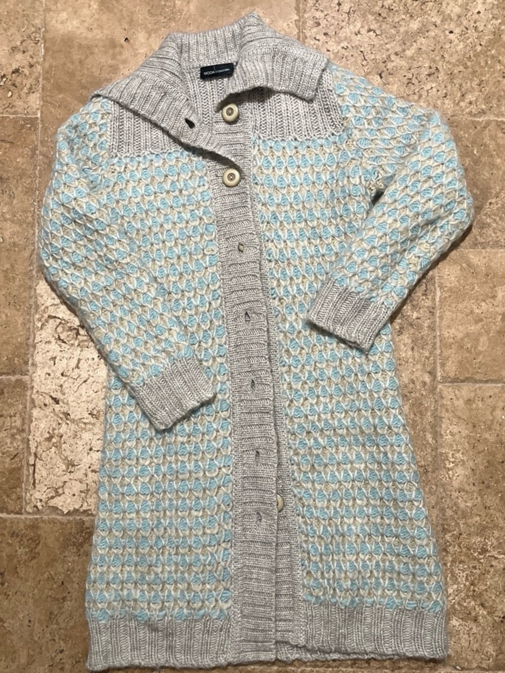Moda International Long Button-Up Knit Cardigan in Light Blue and Cream